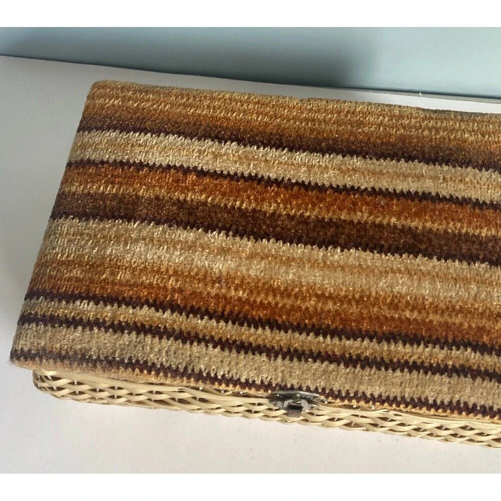 Vintage Woven Wicker  Sewing Basket Box W Carpet Tapestry Lid Wooden
